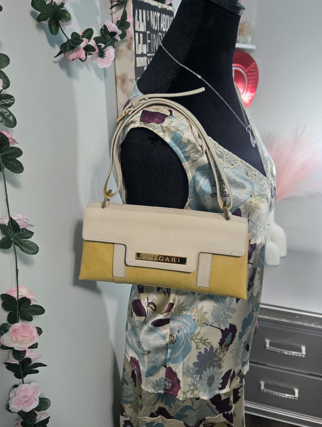 Bvlgari Vintage Leather Shoulder Bag Mustard Yellow Cream Two Tone Made In Italy